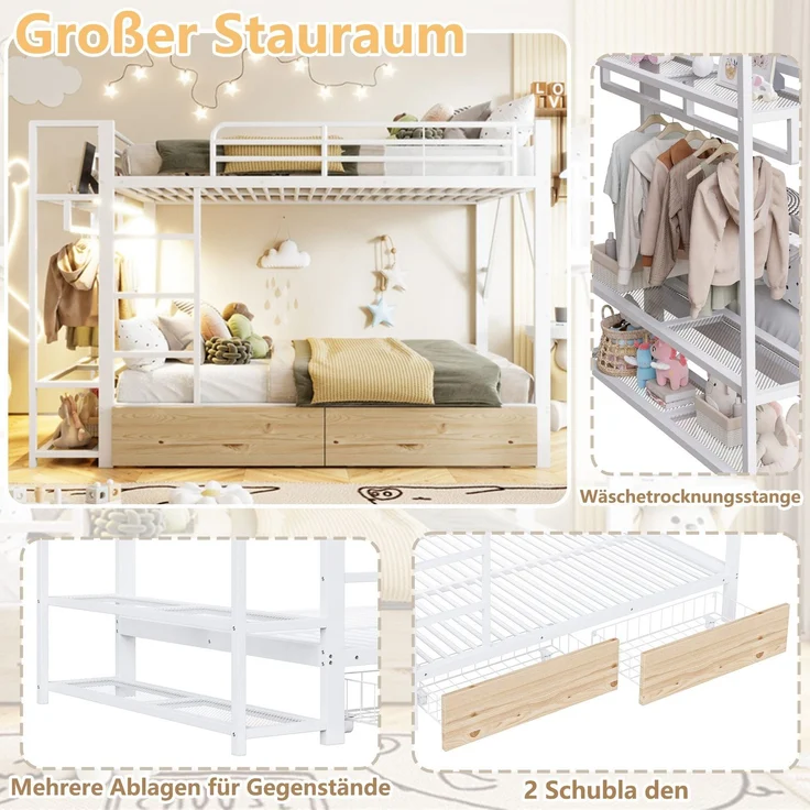 Etagenbett mit Schubladen, RGB LED-Streifen, Kleiderstange, Regal, Lattenrost und Leiter, 140x200 cm, Kinderbett mit Rausfallschutz, Metallbett – Bild 5