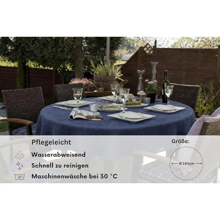 Brandsseller Gartentischdecke Ø 140 cm Tischdecke mit Paspel Outdoor Tischtuch rund Weichschaum für Garten, Terrasse, Balkon wetterfest rutschfest - Blau – Bild 3