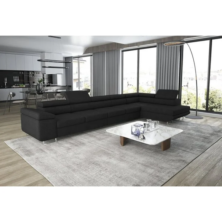 thematys Ecksofa ASTON MAXI 405x203 cm, mit Schlaffunktion, mit Bettkasten, mit verstellbaren Kopfstützen, Schwarz (Poso 135), Ausrichtung Rechts – Bild 3