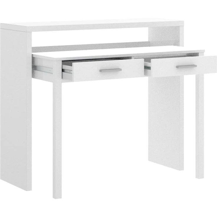 Dmora - Schreibtisch Losetta, Multipositionsschreibtisch mit ausziehbarer Platte, lineare Arbeitskonsole mit 2 Schubladen, 99 x 70 x 88 cm, Weiß – Bild 4