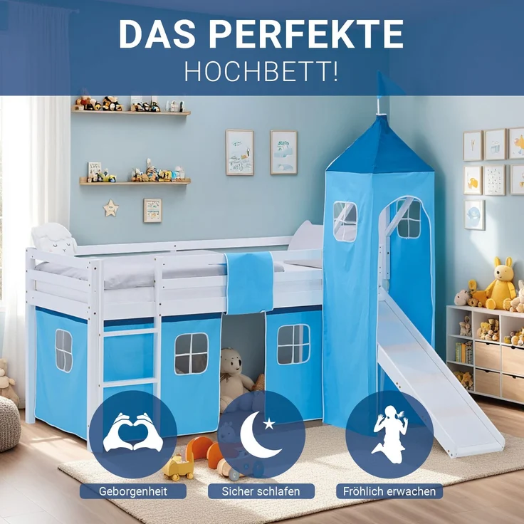 Hochbett Kinder 90x200 cm mit Rutsche Lattenrost Kinderbett Kinderhochbett Stockbett Vorhang Turm Blau – Bild 5