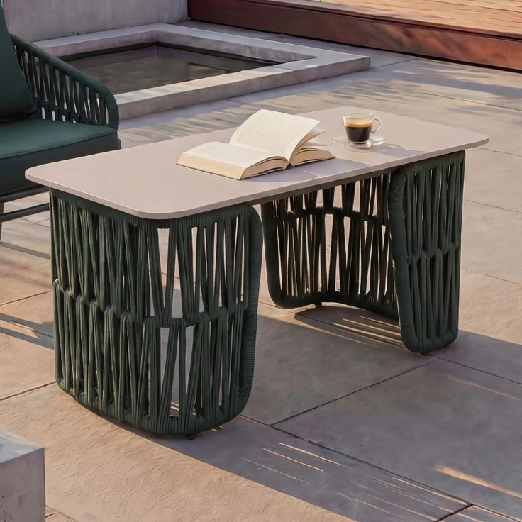 Loungetisch HWC-P90, Gartentisch Balkontisch Outdoor, Seilgeflecht Rope Sinterstein 43x90x45cm ~ grün, Platte creme – Bild 1