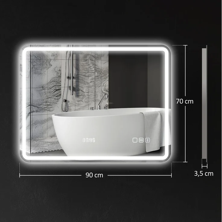 MELAYR, Badezimmerspiegel mit LED-Beleuchtung, Anti-Beschlags-Pad, 3 verstellbare Farben, Uhr, 700 x 900 mm, Silber – Bild 5