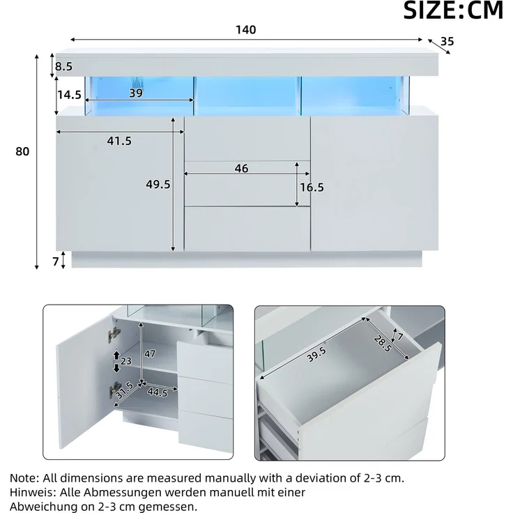 ZUBALIYA Sideboard 140x35x80 cm, mit LED-Beleuchtung, Hochglanz, aus Spanplatte, Weiß – Bild 11