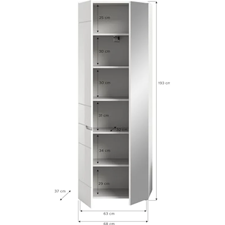 xonox. home Garderobe Solero X7WA9613 Garderobenschrank Flurschrank in Weiß Nachbildung und weiß Hochglanz tiefzieh, ca. B/H/T: 68 x 193 x 37 cm – Bild 4