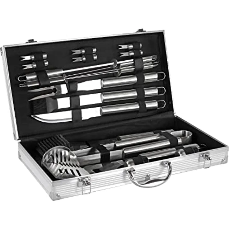 Mastercook – Professionelles Grillzubehör-Set aus Stahl mit Koffer, Zubehör-Set BBQ mit Zange, Gabeln, Spachtel und Bürsten, Koffer für Grillwerkzeuge