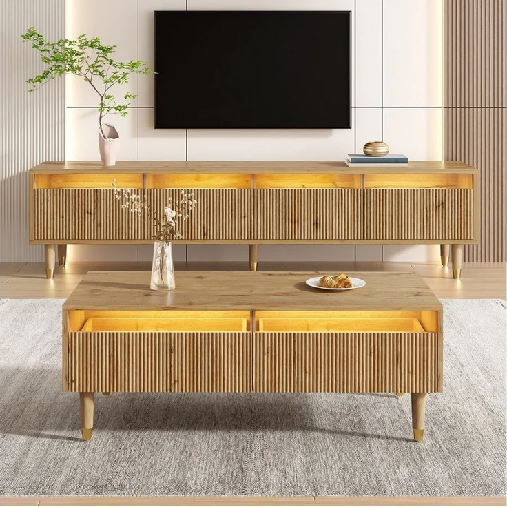 STILVORA Sideboard mit Lowboard&Couchtisch,Möbelset Wohnzimmerset mit LED&Acrylfront (TV-Schrank+Wohnzimmertisch, 2 St, Couchtisch 110x50x40cm + TV-Ständer 178x35x45cm), Wellenstruktur und Acrylfronten, Gold-Design – Bild 1