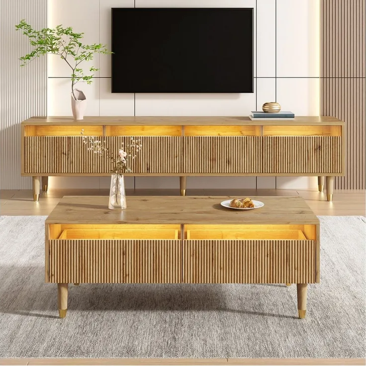 STILVORA Sideboard mit Lowboard&Couchtisch,Möbelset Wohnzimmerset mit LED&Acrylfront (TV-Schrank+Wohnzimmertisch, 2 St, Couchtisch 110x50x40cm + TV-Ständer 178x35x45cm), Wellenstruktur und Acrylfronten, Gold-Design