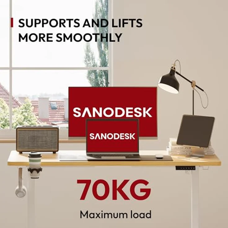 SANODESK Höhenverstellbarer Schreibtisch mit VOLLSTÄNDIGER TISCHPLATTE, 4 Zubehörteilen (Becherhalter, Haken, Aufbewahrungsbox, Kabelmanagement), ergonomisch für Büro und Homeoffice, Ahorn, 110x54 cm – Bild 5