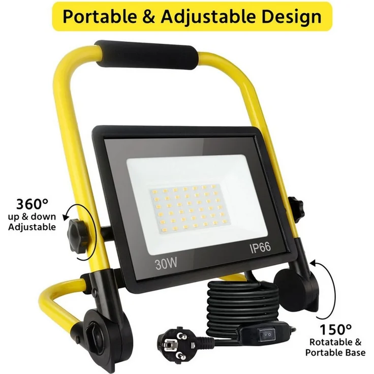POPOLIC LED Baustrahler Tragbare Baustellenleuchte mit Aluminium-Gehäuse, 30W, IP66 wasserdicht, Baustellenbeleuchtung mit 3,5 m Kabel und EU-Stecker für Werkstatt und Garage, 30-W-LED-Baustellenstrahler, 3240 lm Arbeitsscheinwerfer – Bild 3