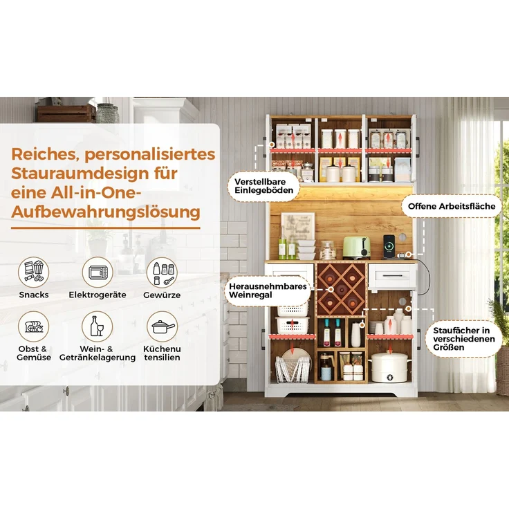 ZUBALIYA hoher Stauraumschrank mit LED-Beleuchtung / Vorratsschrank mit Weinregalen, mit weinschrank & Vitrinenschrank für Wohnzimmer und Esszimmer, 180 x 105 x 40 cm, fürs Wohnzimmer, mit Schubladen – Bild 11