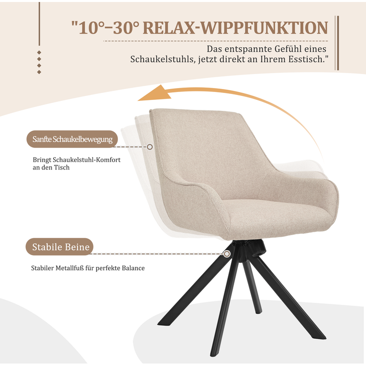 GOEURVANT 2178 Esszimmerstühle 4er-Set mit Armlehnen, 360° Drehbar, Wippfunktion, Webstoff - Beige – Bild 9