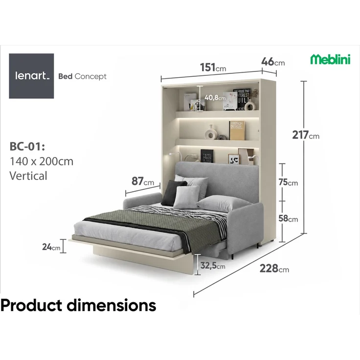 MEBLINI Schrankbett BC-01 - 140x200cm Vertikal - Kaschmir/Grau - mit Sofa - Wandbett mit Lattenrost - Klappbett mit Schrank - Wandklappbett - Murphy Bed – Bild 7