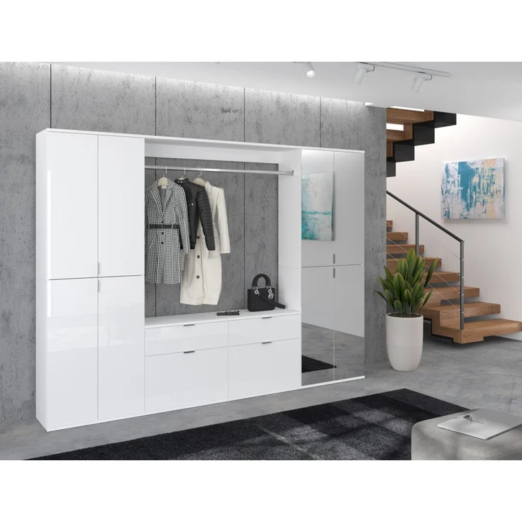 Garderobenschrank mit Spiegel SystemX in weiß Hochglanz 243 x 193 cm – Bild 2