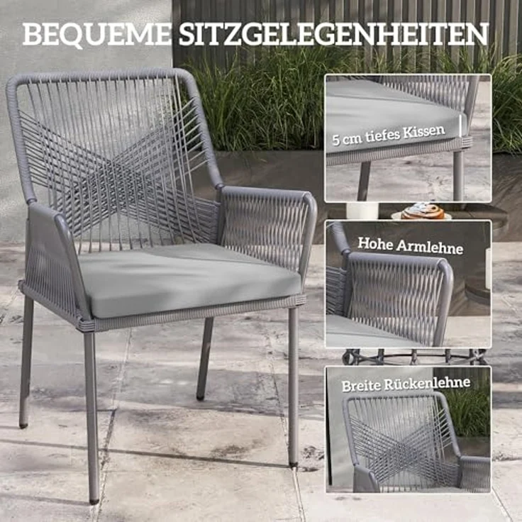 Outsunny Rattanstuhl 2er Set, mit Armlehne, Rückenlehne, abnehmbar Sitzkissen (Gartenstuhl aus Rattan, 2 St), Rattanstuhl für Garten, Balkon, Terrasse, Dunkelgrau – Bild 4