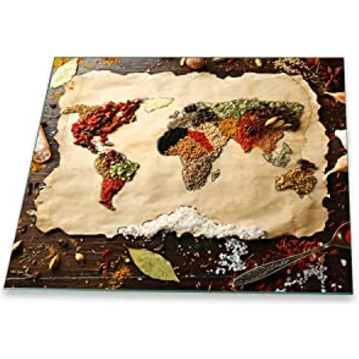 Herdabdeckplatte Abdeckung Ceranfeld Abdeckplatte Schneidebrett 1-Teilig 60x52 Gewürze Weltkarte Beige Spritzschutz Glasplatte Ceranfeldabdeckung Schutz Herdschutz Sicherheitsglas Glasschneidebrett