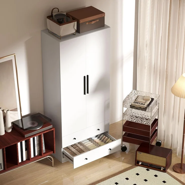 HOMCOM Kleiderschrank 2-türig mit Kleiderstange und 2 Schubladen (Garderobenschrank, 1-St, Mehrzweckschrank) für Schlafzimmer 79 x 43 x 180 cm Weiß – Bild 8