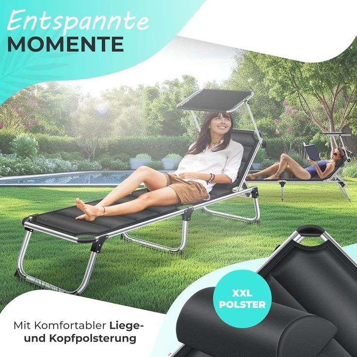 KESSER® Sonnenliege SUN mit Dach Gartenliege Liegestuhl klappbar Sonnendach Verstellbarer Rückenlehne , ergonomisch, gepolsterter Liegefläche, Aluminium Liege Gartenstuhl tragbar Strandliege Schwarz – Bild 7