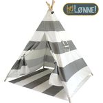 Hej Lønne Tipi Zelt für Kinder (grau, gestreift), Indianerzelt, 4 Stangen, 120x120x150cm, Baumwolle