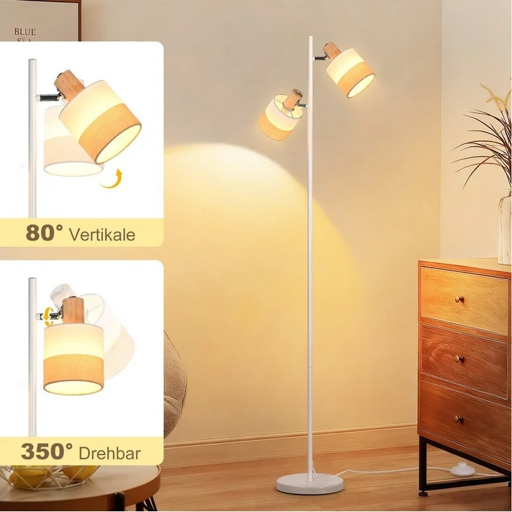 Nettlife Stehlampe Vintage Stehleuchte aus Holz mit 2 E14 Fassungen & Fußschalter, LED wechselbar, für Schlafzimmer (ohne Leuchtmittel) – Bild 1
