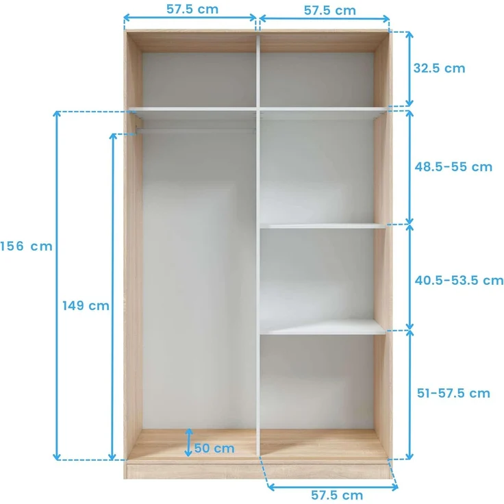 Kleiderschrank mit Zwei Schiebetüren und DREI Einlegeböden, Eichenfarbe und Mattweiß, Maße 120 x 200 x 50 cm – Bild 8