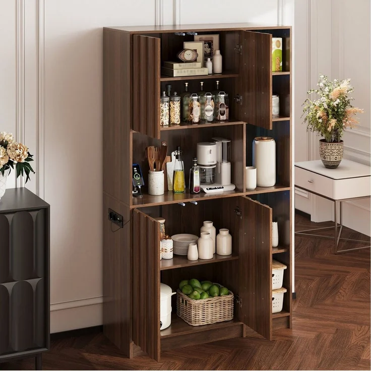 Odikalo Hochschrank Küchenschrank Sideboard mit LED, Küchenregal mit Steckdose (Küchenschrank Hochschrank 4-stöckiges vertikales Auszieh-Gewürzregal Weinregal und Vitrine 180 × 105 × 40 cm) – Bild 2