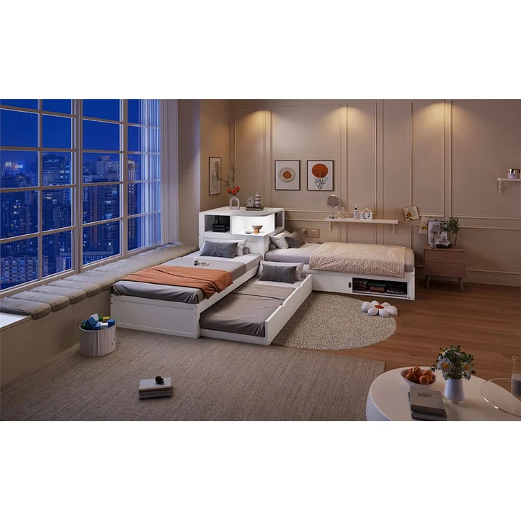 ZUBALIYA Holzbett 90 x 200 cm – Ausziehbett, Stauraum mit Schiebetüren, LED-Beleuchtung, MDF, Kiefer, Weiß – Bild 4