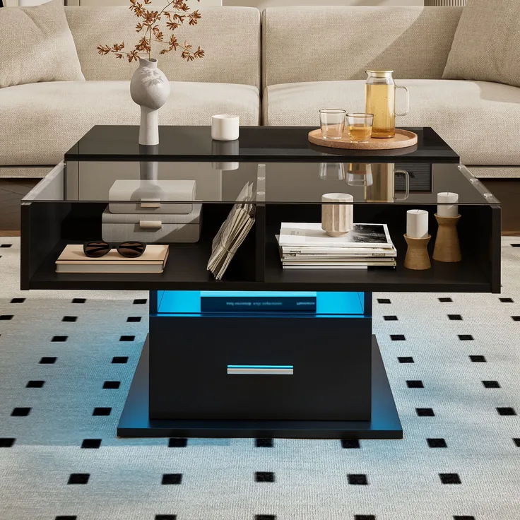 Couchtisch, Spanplatte mit Liftfunktion & LED, 78x78x45,5/59,5 cm, Schwarz