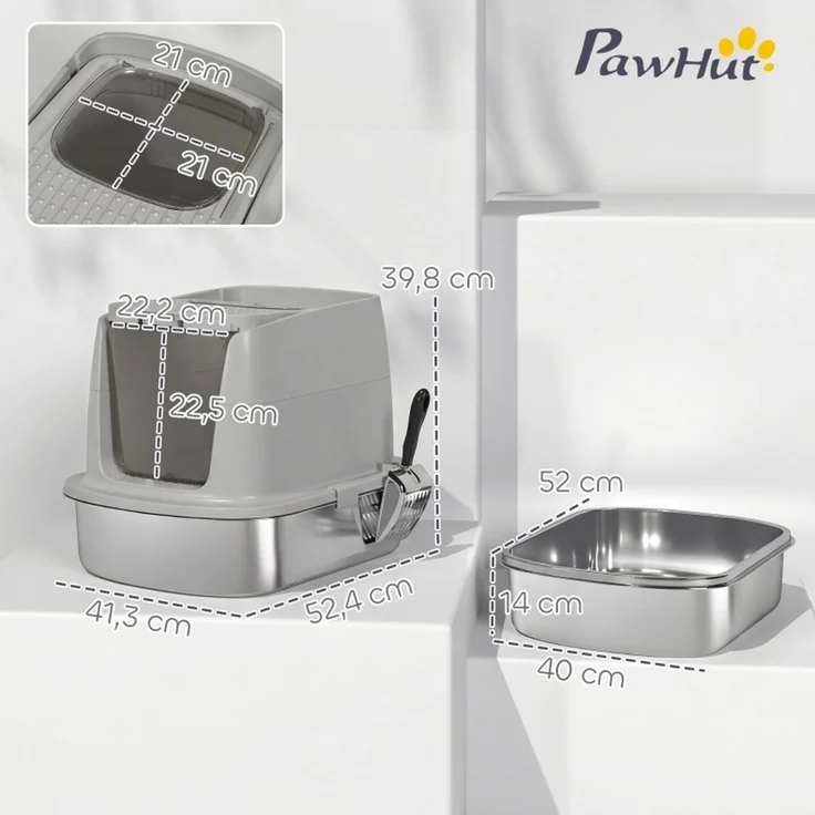 Geschlossene Katzentoilette aus Edelstahl mit Schaufel, 52,4x41,3x39,8 cm, Hellgrau – Bild 3