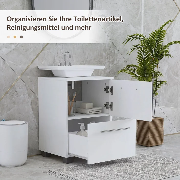 Badezimmerschrank, Waschbecken-Kommode mit Schublade, kompakt, Spanplatte, Weiß--Weiß--59x35.5x41.5cm--YOUDENOVA – Bild 7