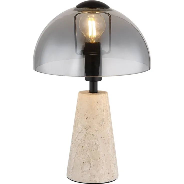Tischleuchte, Travertine Stein, Glas rauchfarben, H 31 cm