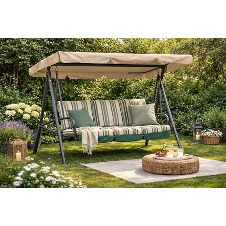 Hollywoodschaukel Dachbezug 200x145 cm Beige Wasserdicht | Universal Ersatzdach Gartenschaukel 3 Sitzer | UV 50 Schaukel Dach Ersatz Bezug – Bild 5