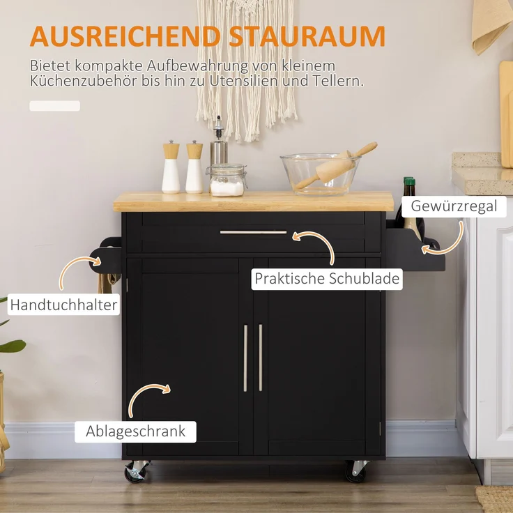 Küchenwagen mit Schublade und Schrank, Rollwagen mit Arbeitsplatte, Gewürzregal und Rollen – Bild 2