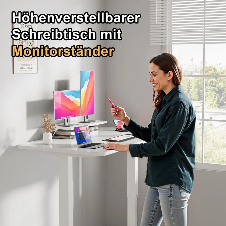 JUMMICO Höhenverstellbarer Schreibtisch mit Monitorständer, Elektrisch Schreibtisch Steh-Sitz, Standing Desk,160x70 cm, Weiß – Bild 4