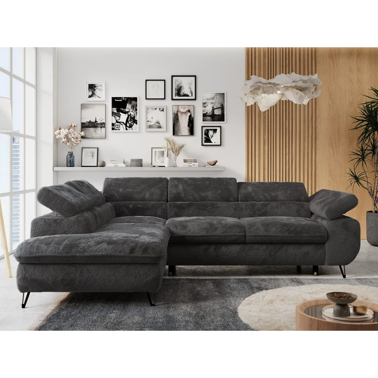 Ecksofa mit Bettfunktion, Modern Sofa, L-form, Einstellbare Kopfstützen, Bettkasten - PETER - Dunkelgrau Plüsch - links – Bild 1