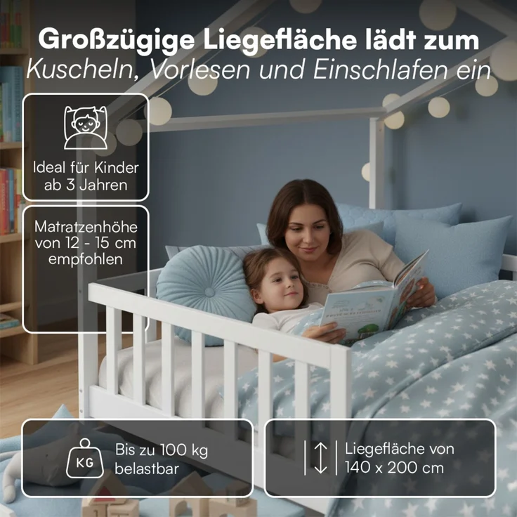 Bellabino 'Bia' Hausbett 140x200 cm mit 2 Schubladen, weiß, Kiefer Massivholz, Montessori Kinderbett mit Stauraum, inkl. Rausfallschutz und Lattenrost – Bild 3
