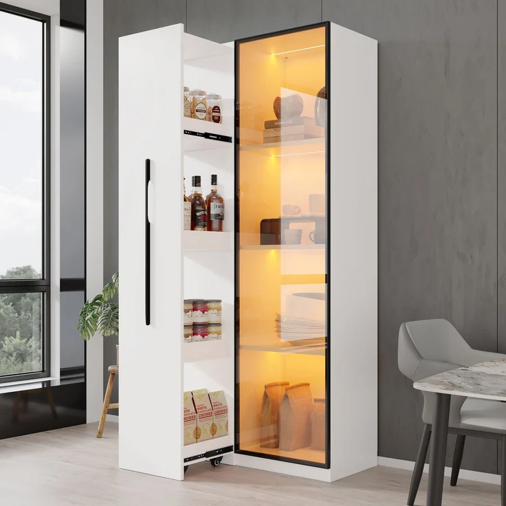 ZUBALIYA Multifunktionsschrank 160 cm hoch – Bücherregal und Vitrine mit Türen aus gehärtetem Glas, Türrahmen aus Aluminium, 1 Tür, 1 seitliche Schublade, mit Rollen und LED-Beleuchtung – Vitrine, Esszimmersch – Bild 4