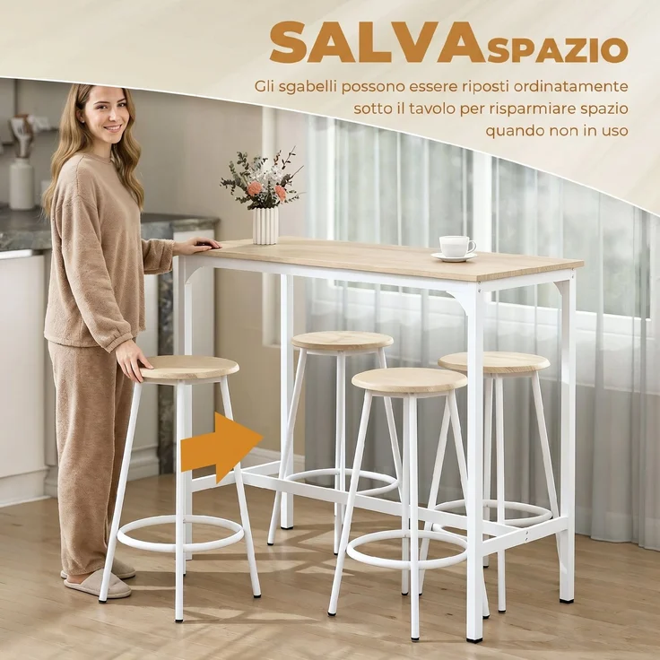 5-teiliges Essensset mit Bartheke 110 x 50 x 89,5 cm und Hockern Ø 30 x 60,5 cm aus Holz und Metall in Holzoptik – Bild 7