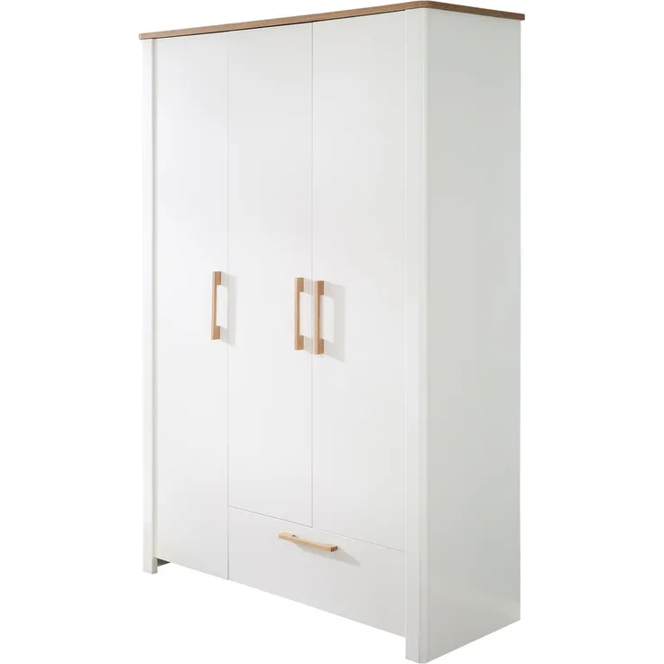 roba Kinderkleiderschrank 3-türig 'Ava' - Deckplatte in Artisan Eiche - Griffe aus massiver Eiche - Weiß