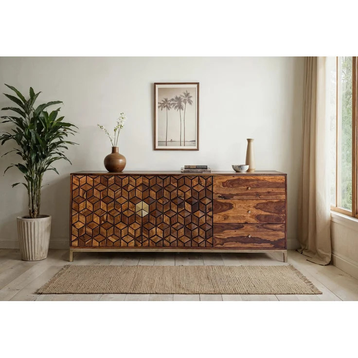 FineBuy Sideboard Sheesham Massivholz 180 cm 2 Türen & 3 Schubladen - Massive Retro Kommode mit Goldfarbenem Metall Gestell - Design Natur Anrichte - Handmade Industrial – Bild 2