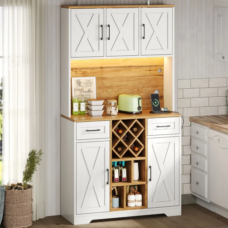 Küchenschrank, hoher Stauraumschrank mit LED-Beleuchtung, Vorratsschrank mit Weinregalen, Weinschrank & Vitrinenschrank für Wohnzimmer und Esszimmer, 180 × 105 × 40 cm--Natur + Weiß2--105x40x180cm--YOUDENOVA – Bild 4