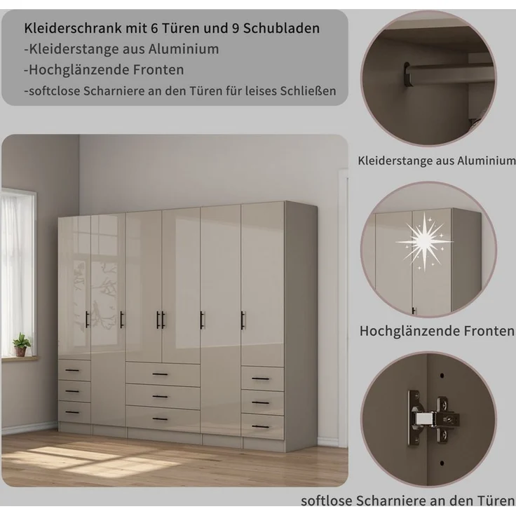 OTTO home Kleiderschrank Trento Schlafzimmerschrank Garderobe Hochglanz Bestseller Schrank mit 6 Türen und 9 Schubladen, höchglänzende Fronten – Bild 3