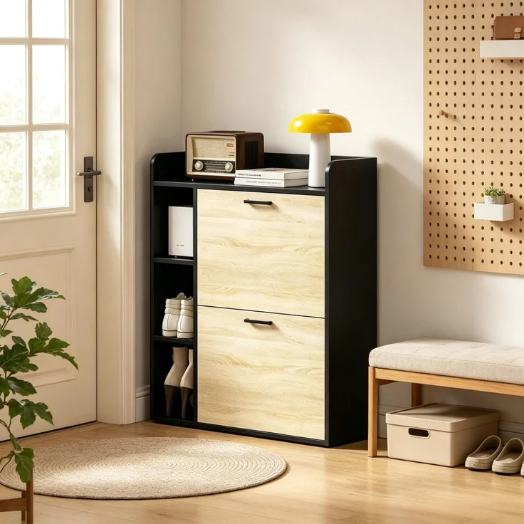 Schuhschrank 83x24x90,5 cm mit 2 Kippladen und Seitenfächern, Schwarz/Naturholzoptik – Bild 4