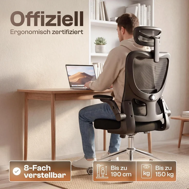 LUTIVO Bravo, ergonomischer Bürostuhl, Rückenlehne mit Mesh Bezug, 3D-Armlehnen, 3D-Kopfstütze, ViperWheels, Schwarz – Bild 5