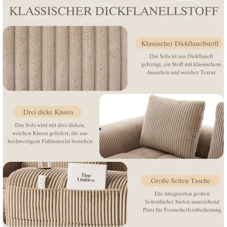 LVHOM Ecksofa 3 sitzer, Bodensofa mit Seitentaschen und Getränkehalter, Polstersofa aus Cordstoff, frei Kombination, Modulares Chaiselongue-Sofa-Set, 253x158x61 cm – Bild 8