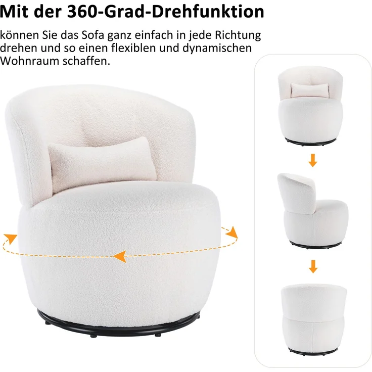 Schaukelstuhl aus Teddyplüsch in Weiß mit 360° Drehfunktion, ergonomischer Lendenstütze und Holzrahmen, Loungesessel mit Metallfuß – Bild 7