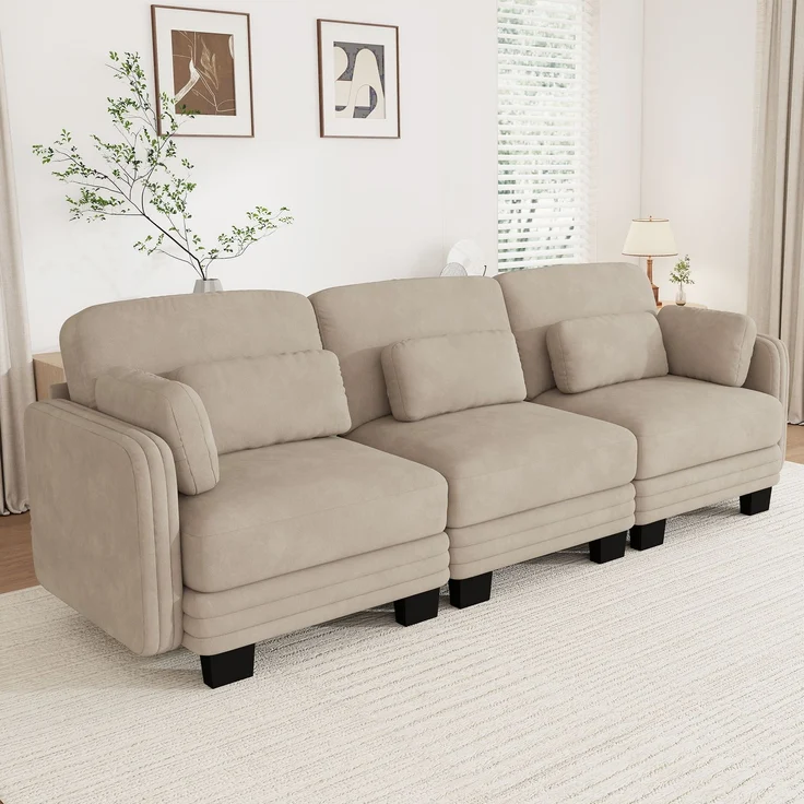Modulares 3-Sitzer-Sofa 253x88x88 cm in Hellbraun mit Chenillebezug und verschiebbaren Kissen – Bild 3