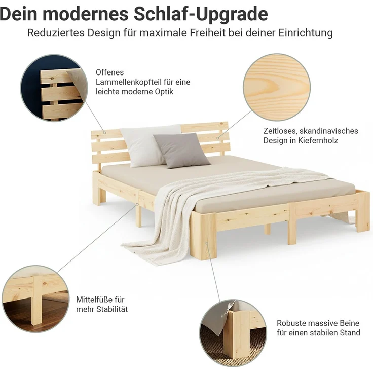 Holzbett mit 2 Federkernmatratzen 180x200 Jugendbett Doppelbett Bett Holzbettrahmen Natur Massiv Holz Lattenrost – Bild 4