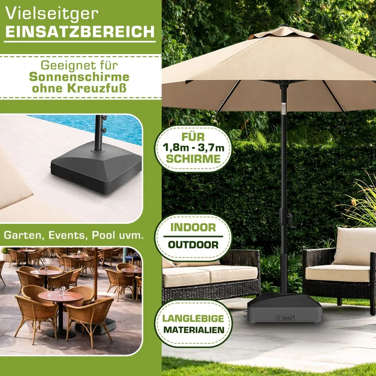tillvex® Sonnenschirmständer GRAVIA mit Rollen & Bremsen Schwarz | Schirmständer befüllbar 37 Liter / 56 kg | Schirmgewicht Sonnenschirm & Marktschirm Ø 1,8-3,7m | Ampelschirmständer wetterfest – Bild 6