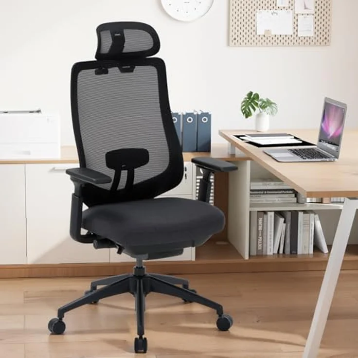 COLAMY XK01 Atlas Ergonomischer Bürostuhl, Netz-Chefsessel mit verstellbarem Kopfstütze, Computer Schreibtischstuhl Drehstuhl mit 4D-Armlehnen, Nylonbasis/Schiebesitz/Neigungssperre, Schwarz – Bild 3
